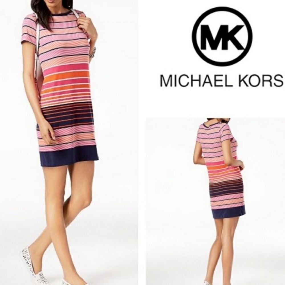 MICHAEL Michael Kors Abbey Striped Short Sleeve Shift Crew Dress
